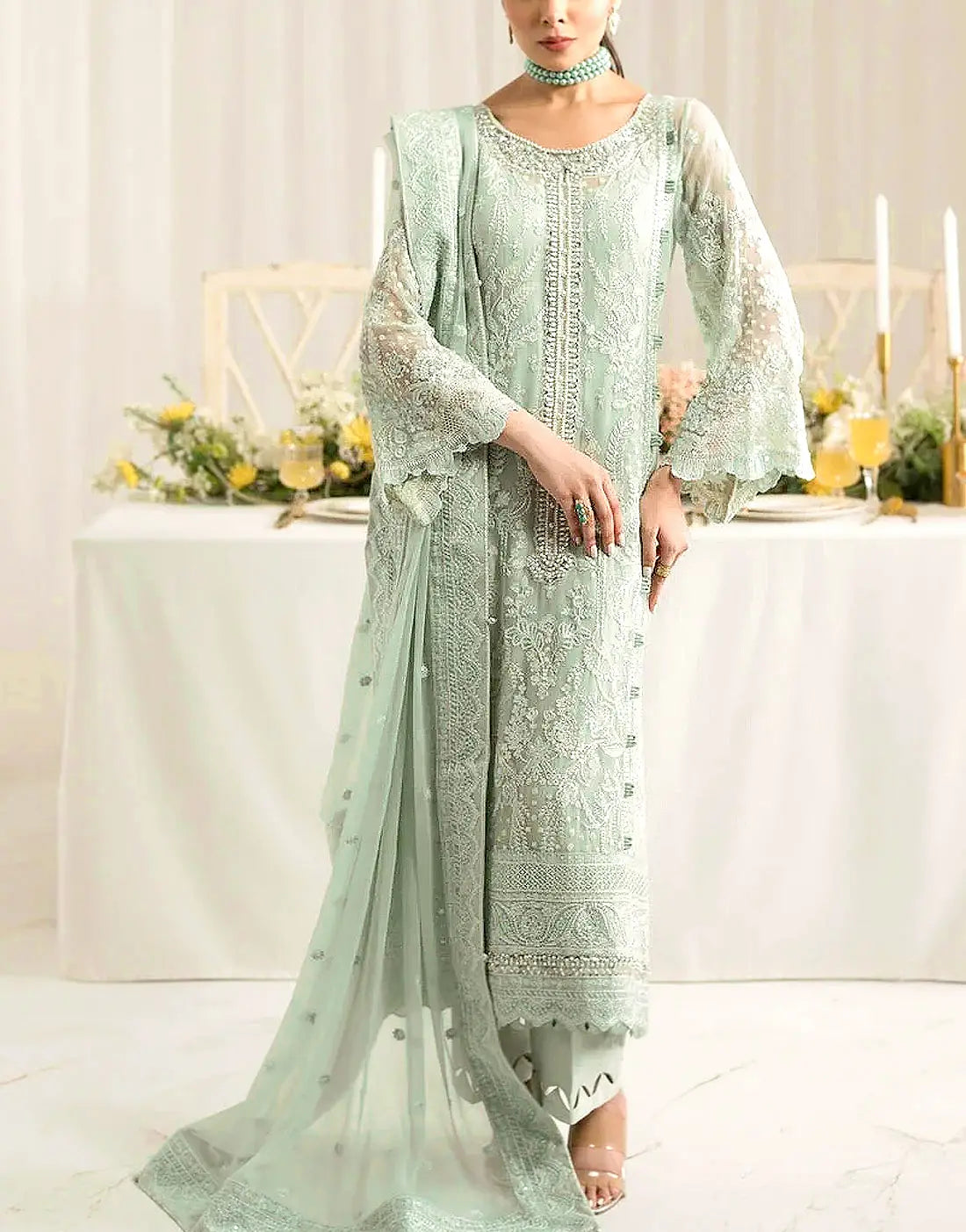 Heavy Embroidered Mint Green Chiffon Formal Party & Wedding Dress with Handcrafted Neckline