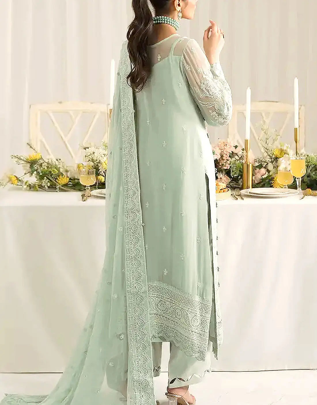 Heavy Embroidered Mint Green Chiffon Formal Party & Wedding Dress with Handcrafted Neckline