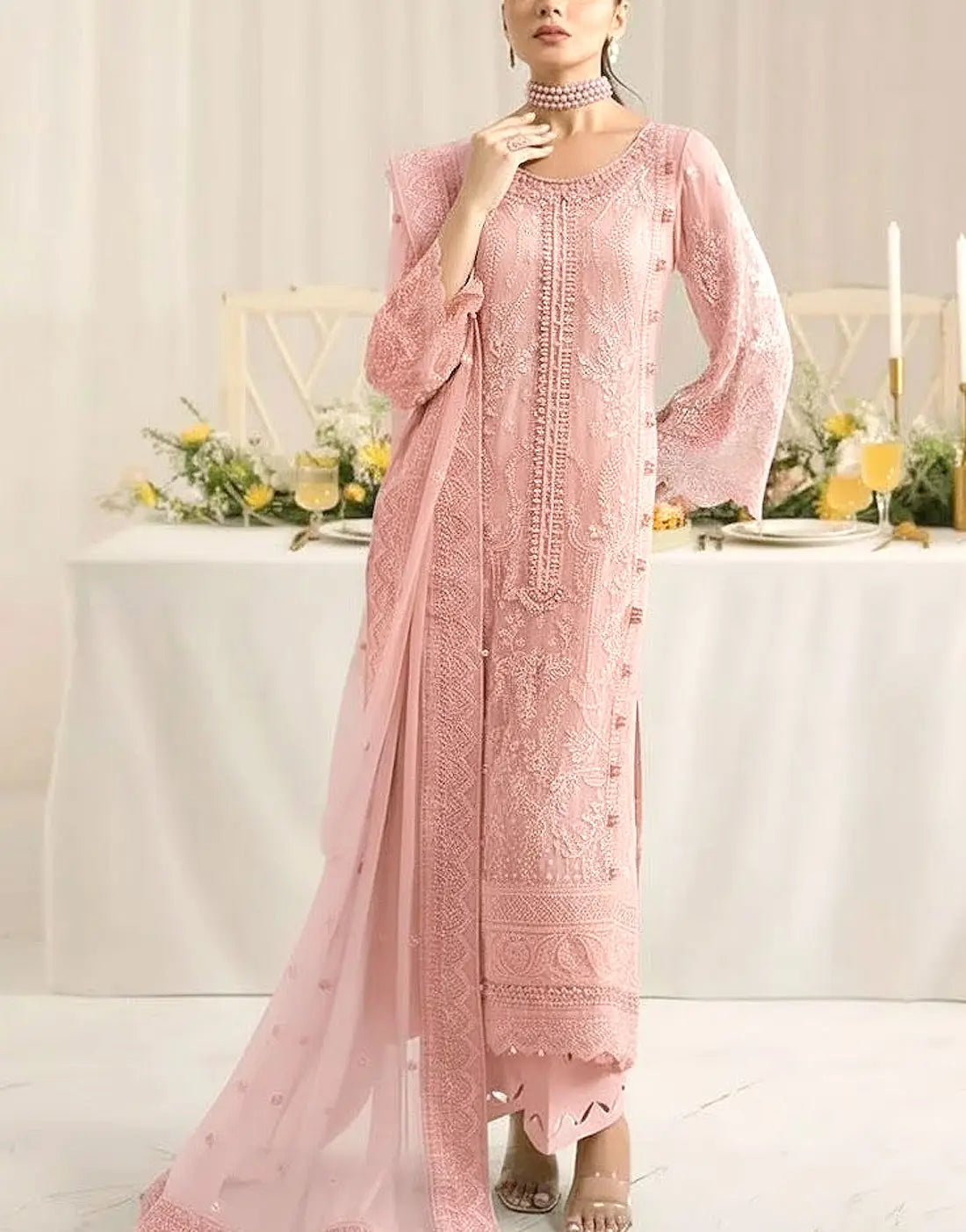 Heavy Embroidered Blush Pink Chiffon Formal Party & Wedding Dress with Handcrafted Neckline