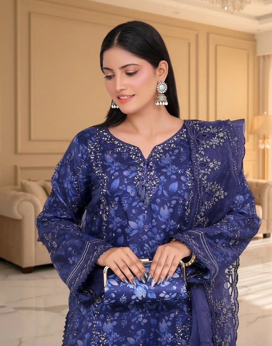 Haleema Semi-Stitched Premium Embroidered Blue Organza Party Dress with Matching Cutch Bag