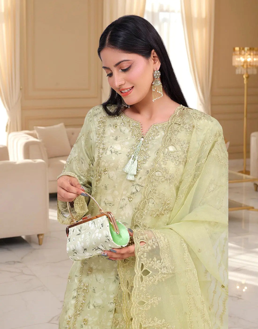 Haleema Semi-Stitched Premium Embroidered Organza Party Dress with Matching Cutch Bag