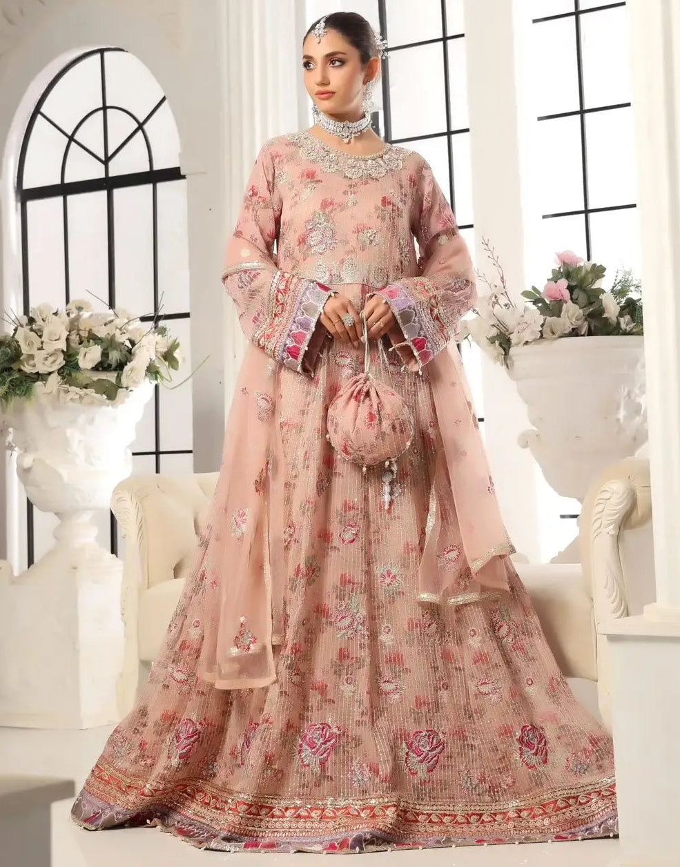 Mushq Semi-Stitched Intricate Embroidered Net Maxi Dress with Embroidered Potli Pouch