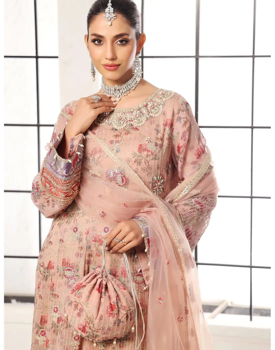 Mushq Semi-Stitched Intricate Embroidered Net Maxi Dress with Embroidered Potli Pouch