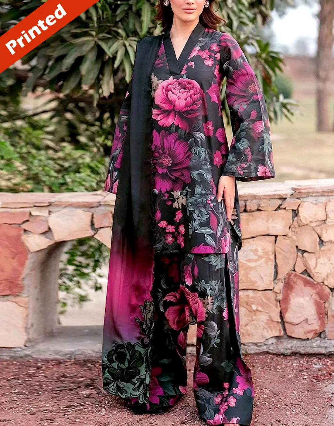 All-Over Print 3-Piece Lawn Suits for Girls with Soft Chiffon Dupatta