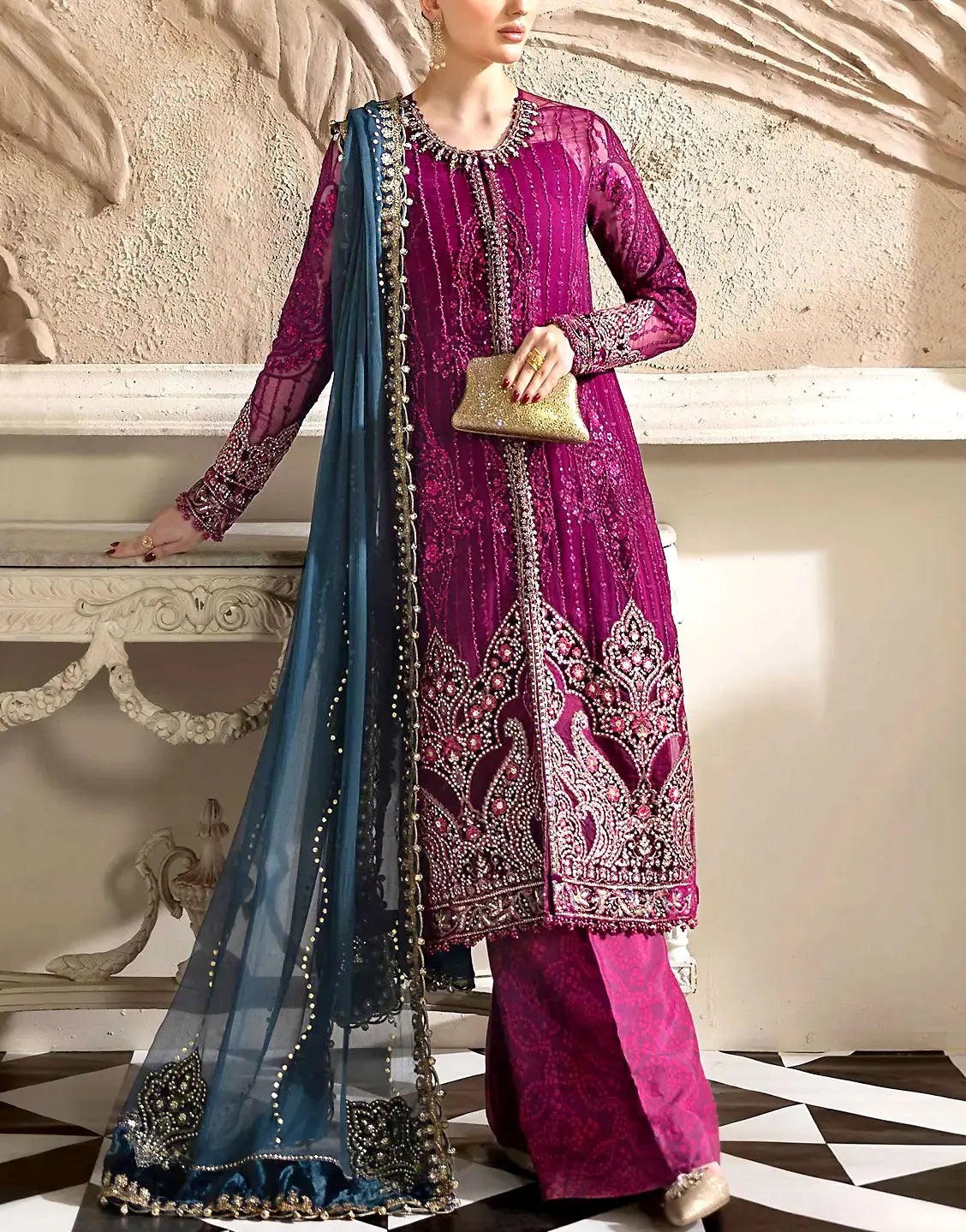 Lavishly Embroidered Magenta Chiffon Wedding Dress