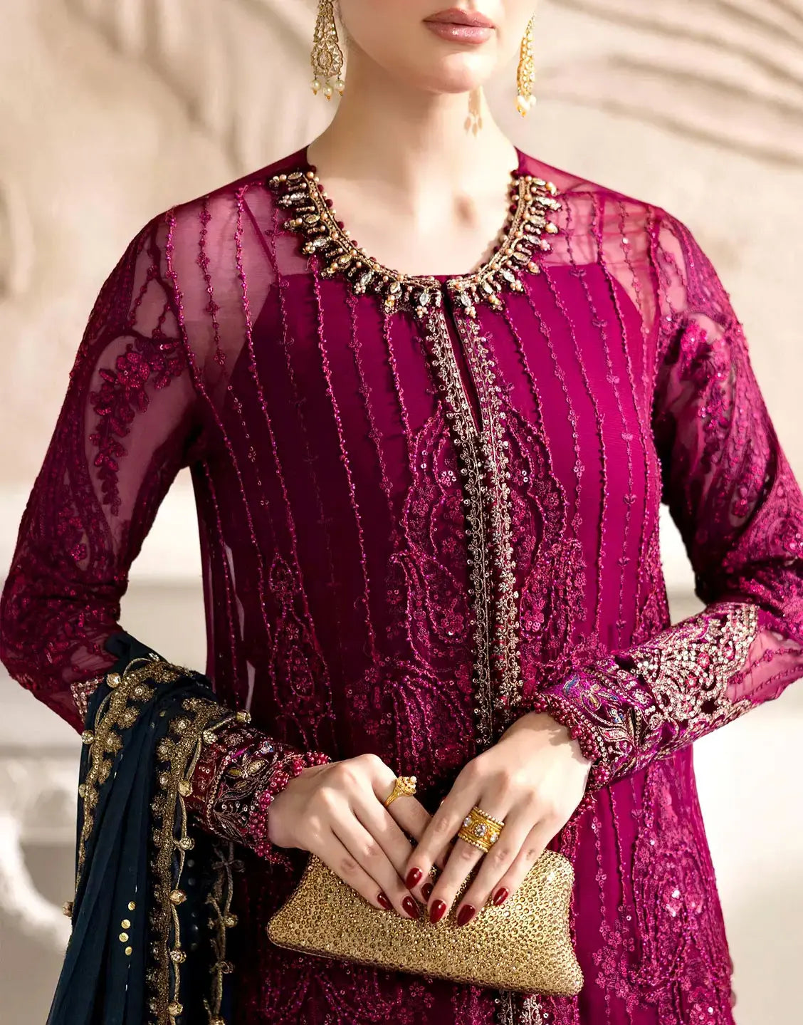 Lavishly Embroidered Magenta Chiffon Wedding Dress
