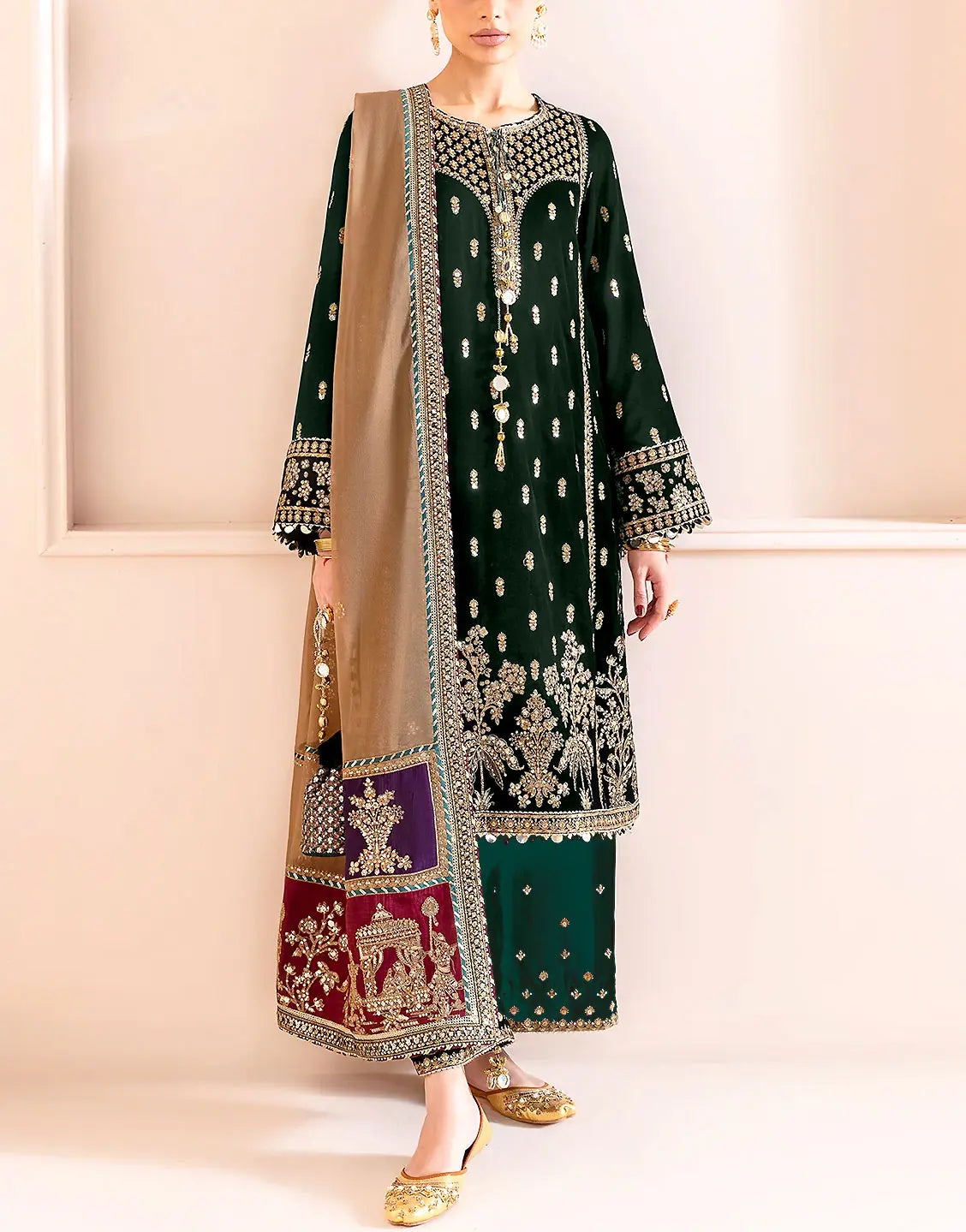 Luxe Embroidered Bottle Green Velvet Dress for Wedding & Party