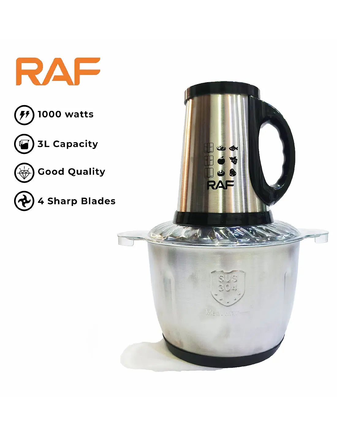 RAF 3L Food Processor, Vegetable & Meat Chopper, Qeema Machine R7032 – Stainless Steel Bowl 1000W