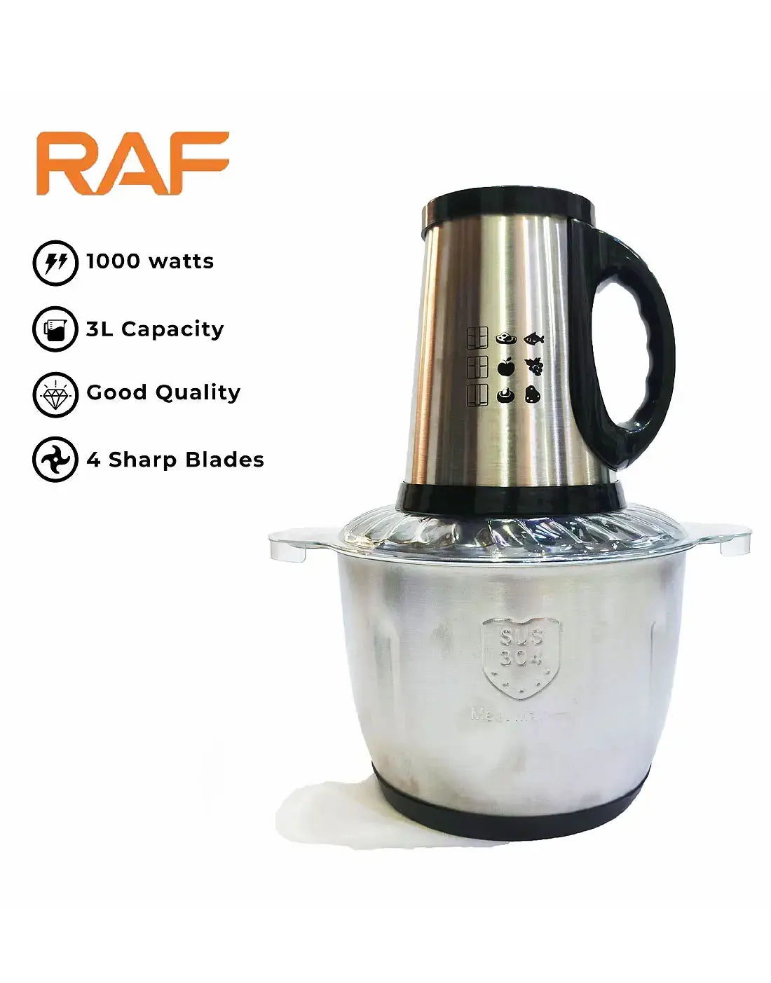 RAF 3L Food Processor, Vegetable & Meat Chopper, Qeema Machine R7032 – Stainless Steel Bowl 1000W