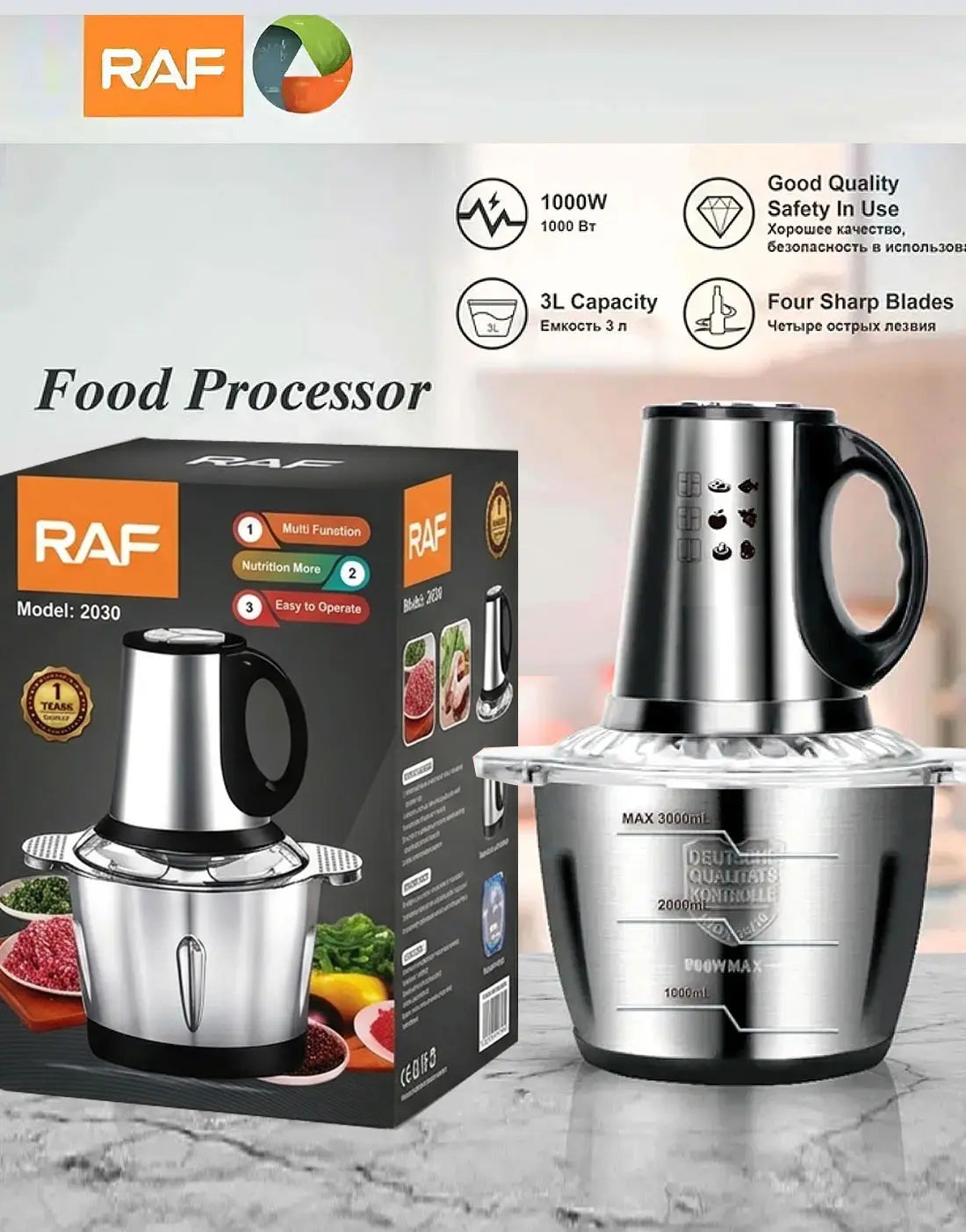 RAF 3L Food Processor, Vegetable & Meat Chopper, Qeema Machine R7032 – Stainless Steel Bowl 1000W