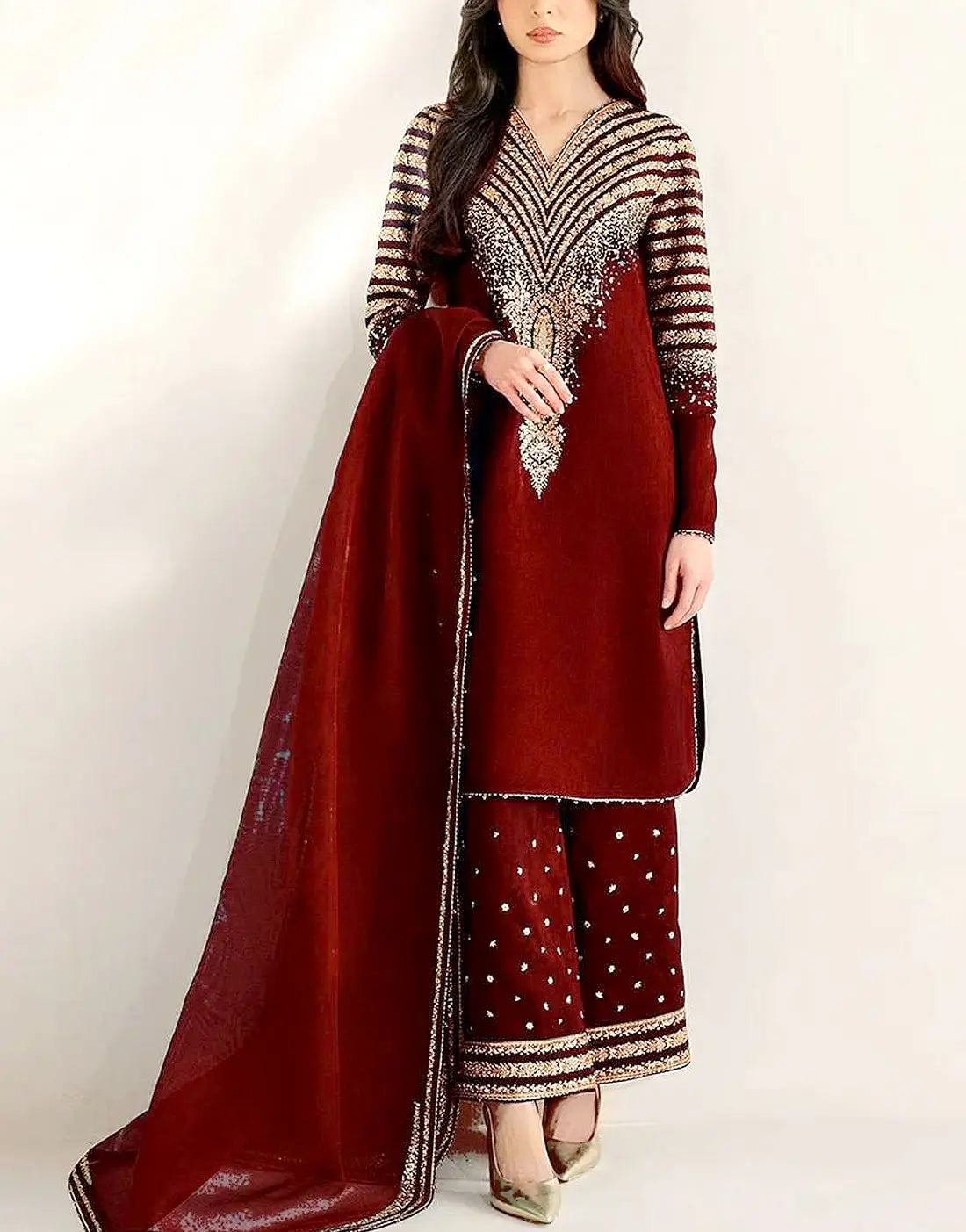 Fashionable Intricate Embroidered Maroon Raw Silk Dress with Embroidered Bottoms