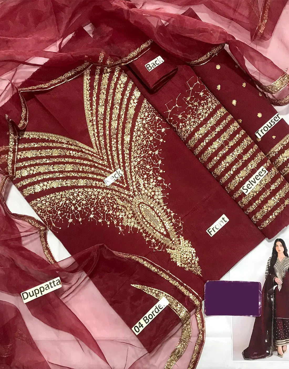 Fashionable Intricate Embroidered Maroon Raw Silk Dress with Embroidered Bottoms