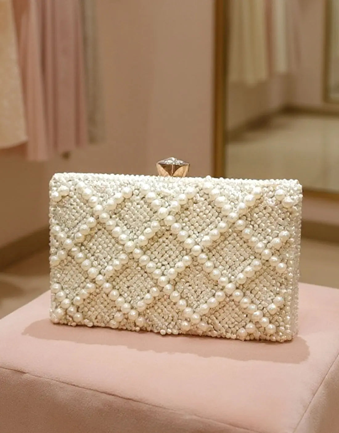 Stylish White Beaded Clutch Bag – Geometric Design for Weddings & Party Wear