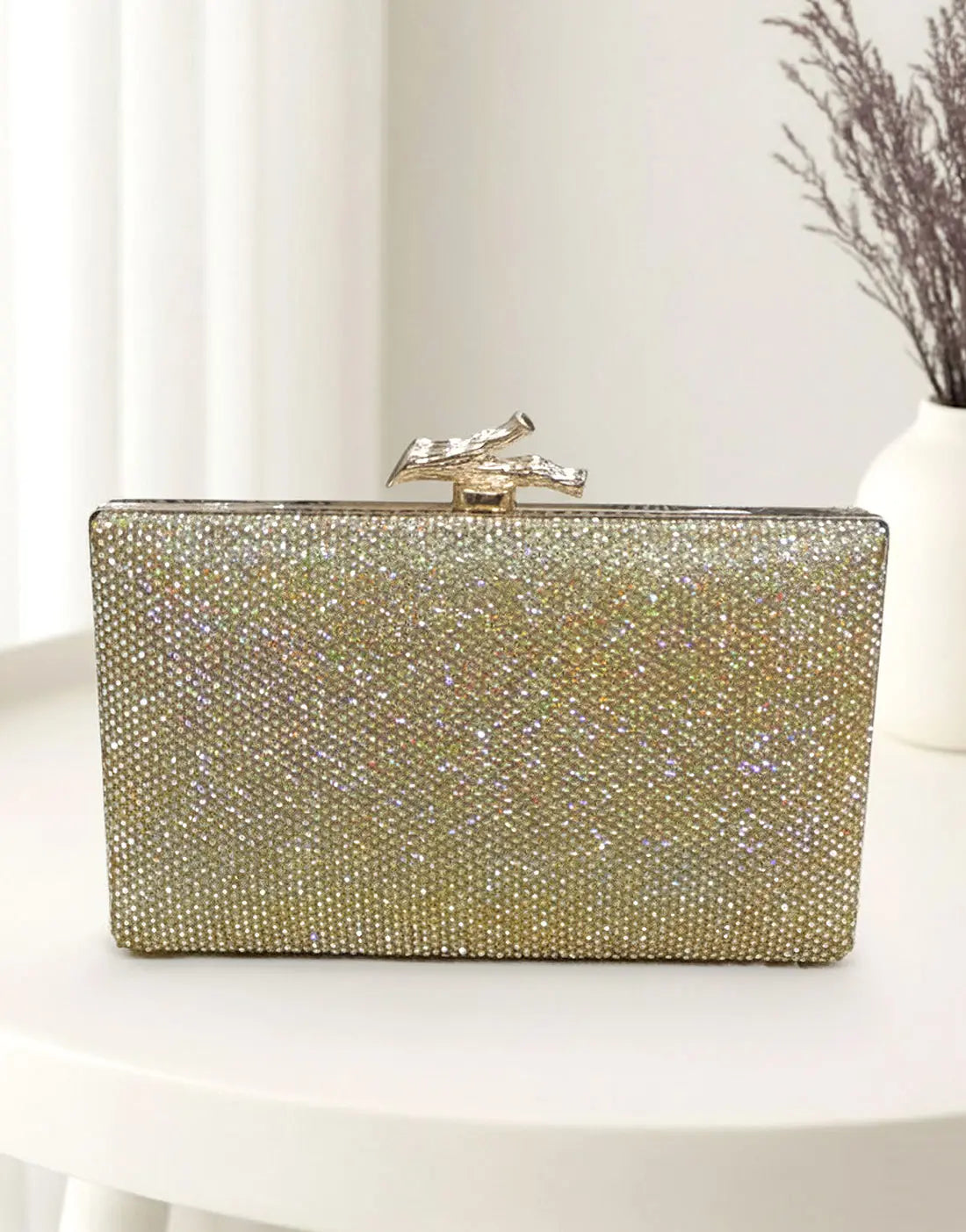 Rectangular Golden Diamante Clutch Purse – Perfect for Brides & Party Wear