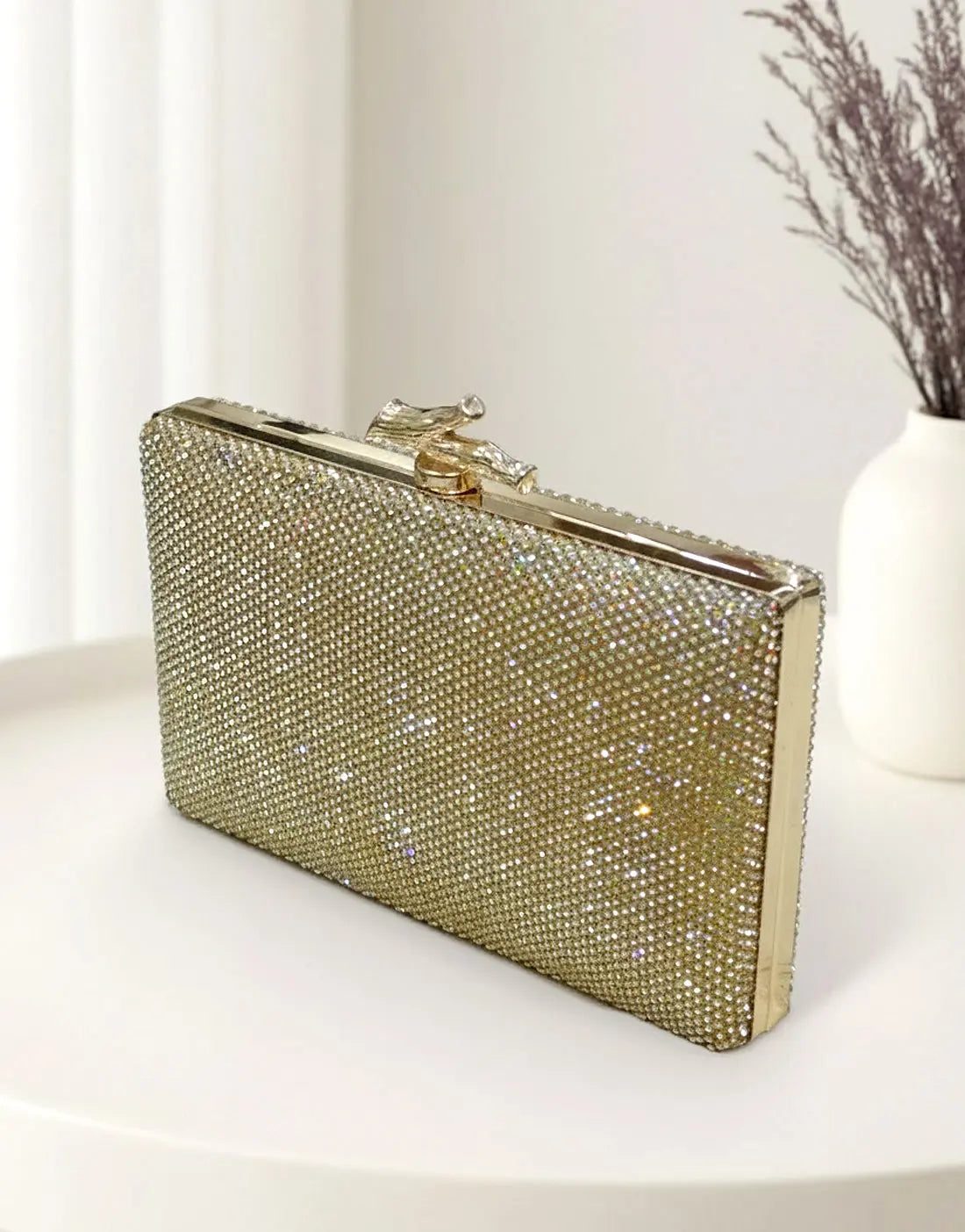 Rectangular Golden Diamante Clutch Purse – Perfect for Brides & Party Wear