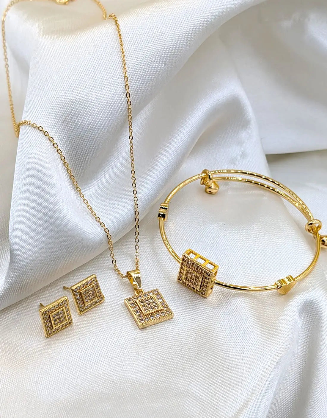 Rhinestone Studded Gold Plated Jewelry Set with Bracelet, Earrings and Necklace