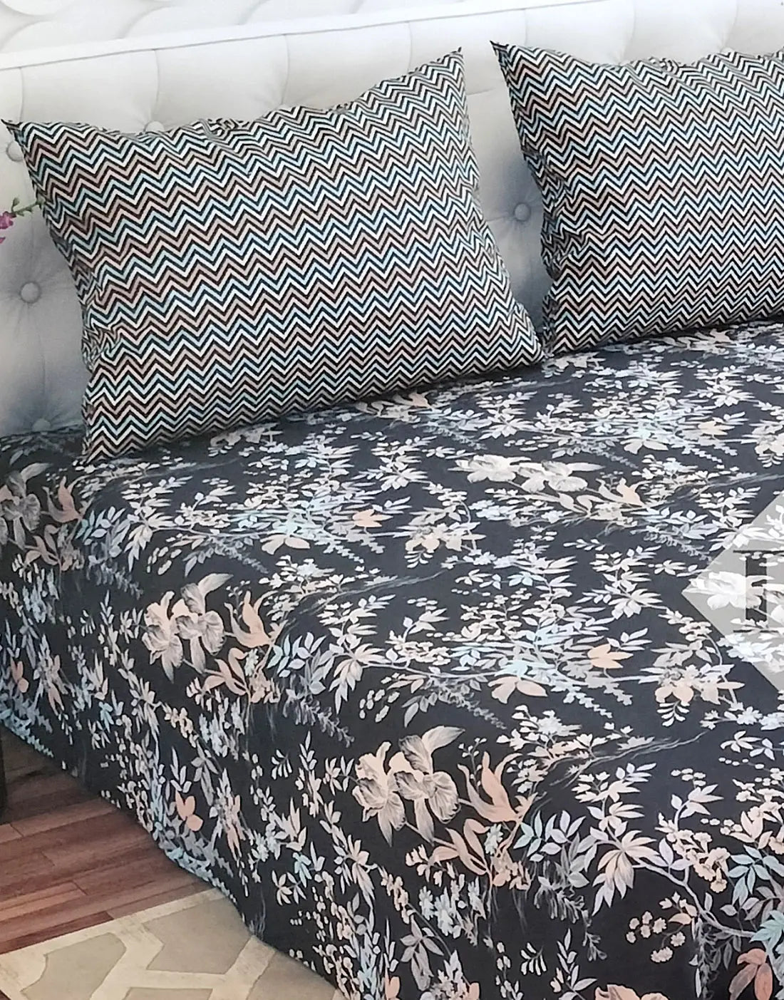 Salonika 3-Piece Mix Cotton Charcoal Black King Size Bedsheet with Pillow Covers