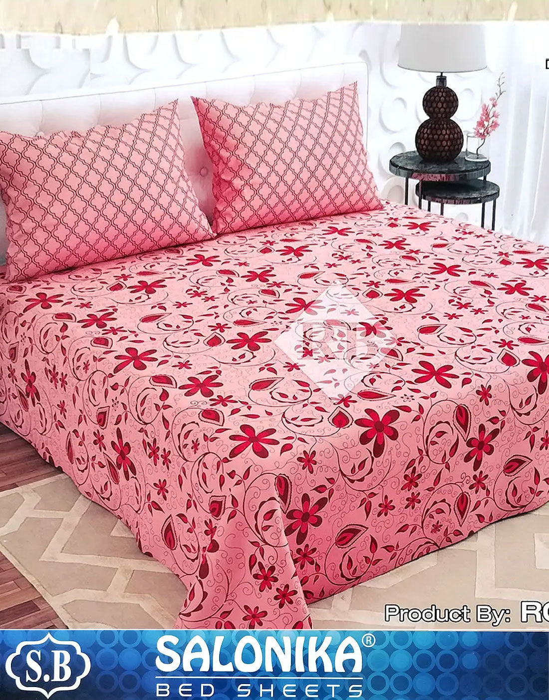 Salonika 3-Piece Mix Cotton Pink King Size Bedsheet with Pillow Covers