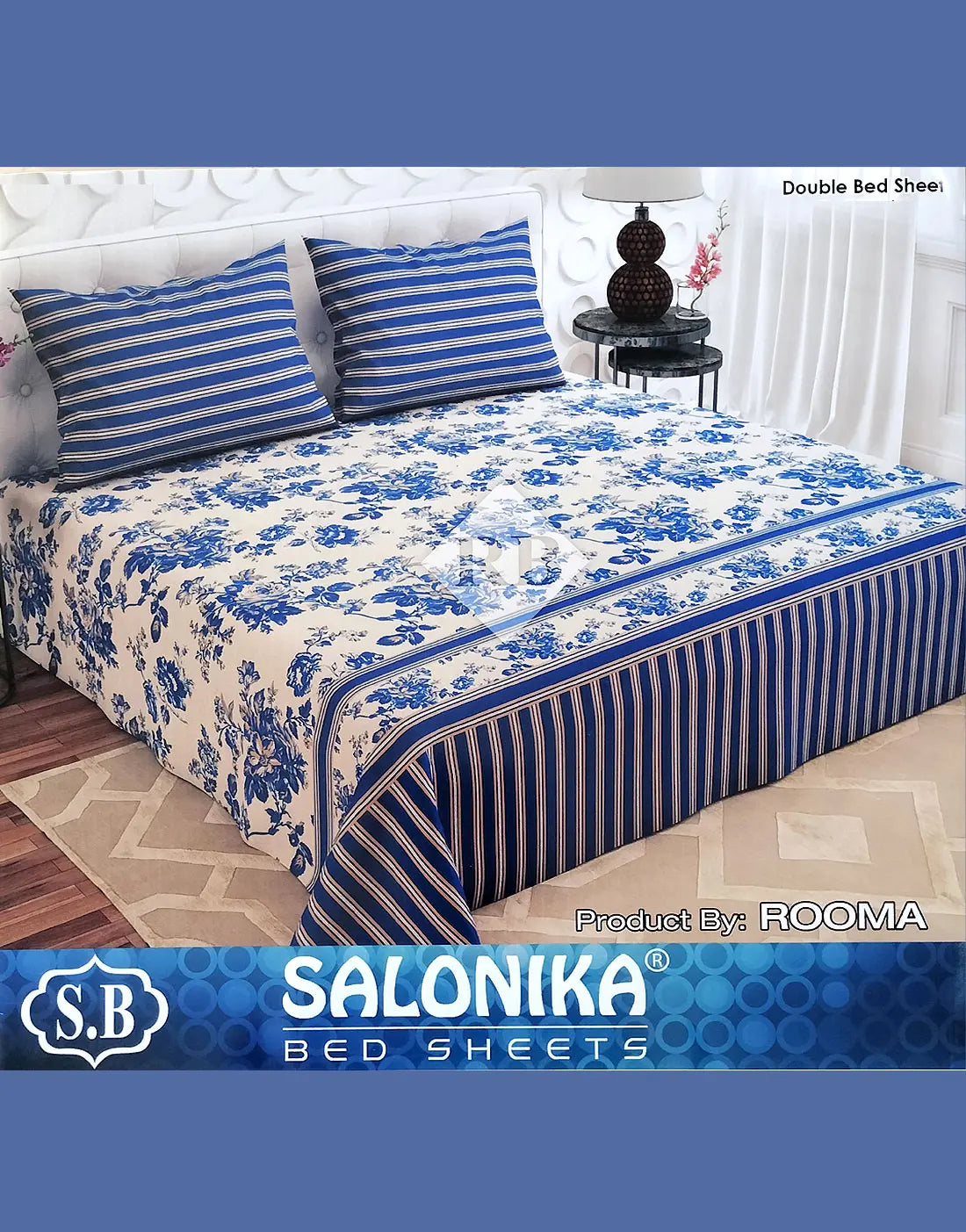 Salonika 3-Piece Mix Cotton Blue King Size Bedsheet with Pillow Covers