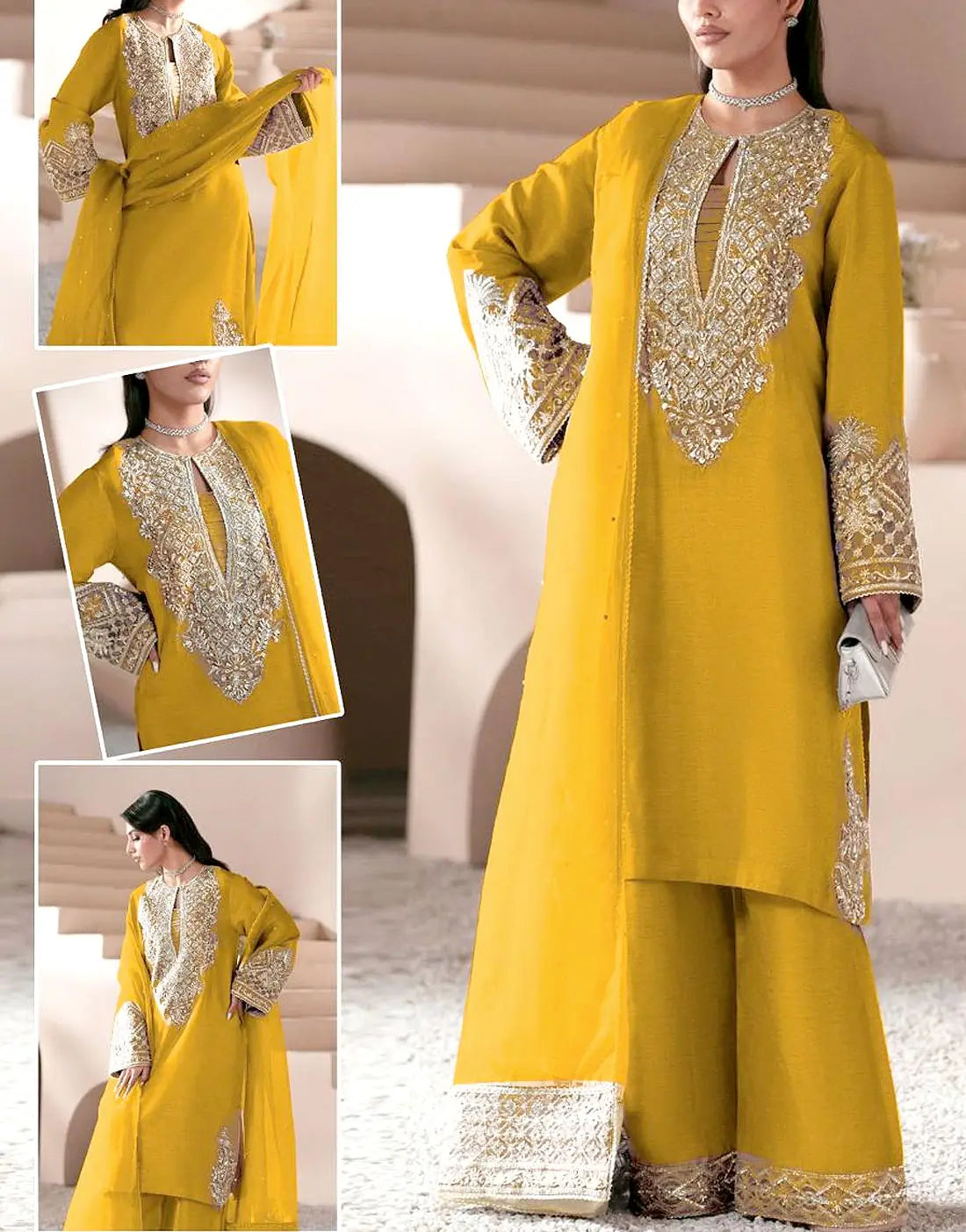 Adorable Embroidered Mustard Sheesha Silk Dress for Mehndi & Wedding
