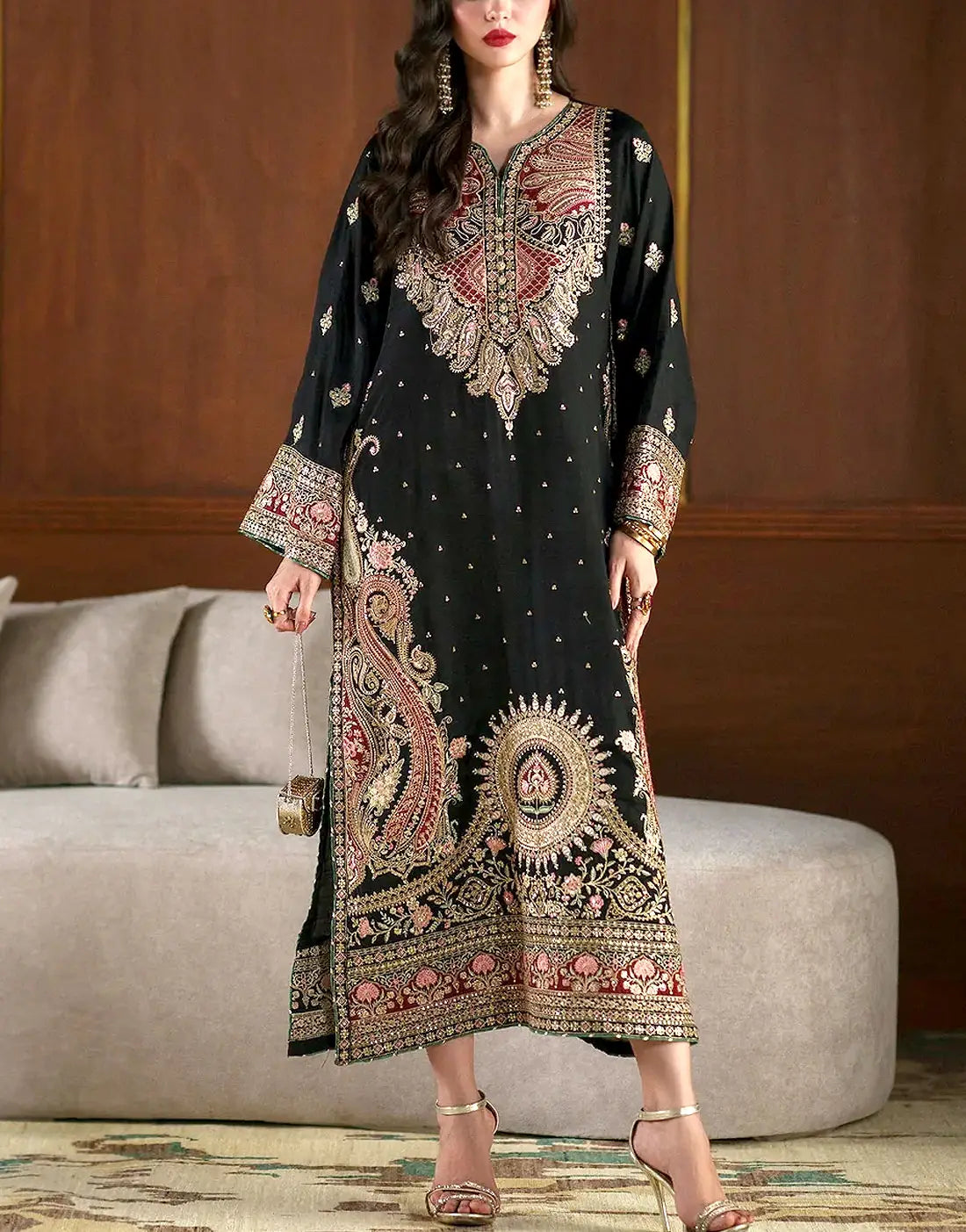 Luxury Embroidered Black Silk Modern Long Kaftan Dress – Perfect for Brides & Wedding Events 2026