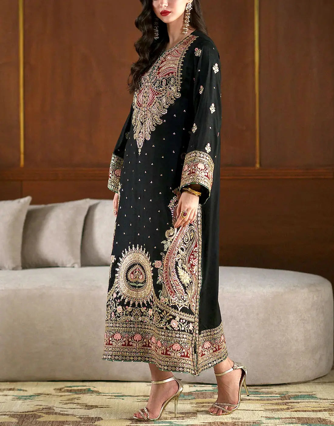 Luxury Embroidered Black Silk Modern Long Kaftan Dress – Perfect for Brides & Wedding Events 2026