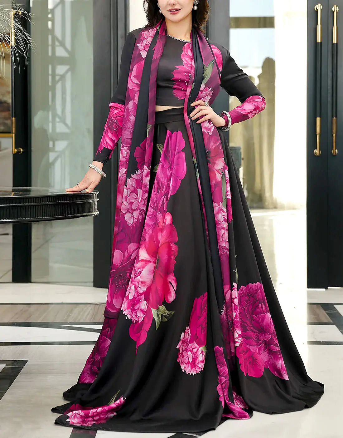 Trendy All-Over Print Embroidered Silk Party Wear Dress for Girls