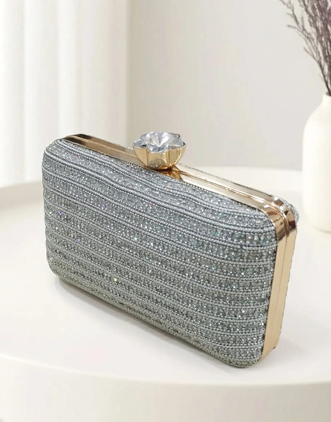 Glitter Silver Diamante Clutch Purse for Formal & Party Wear
