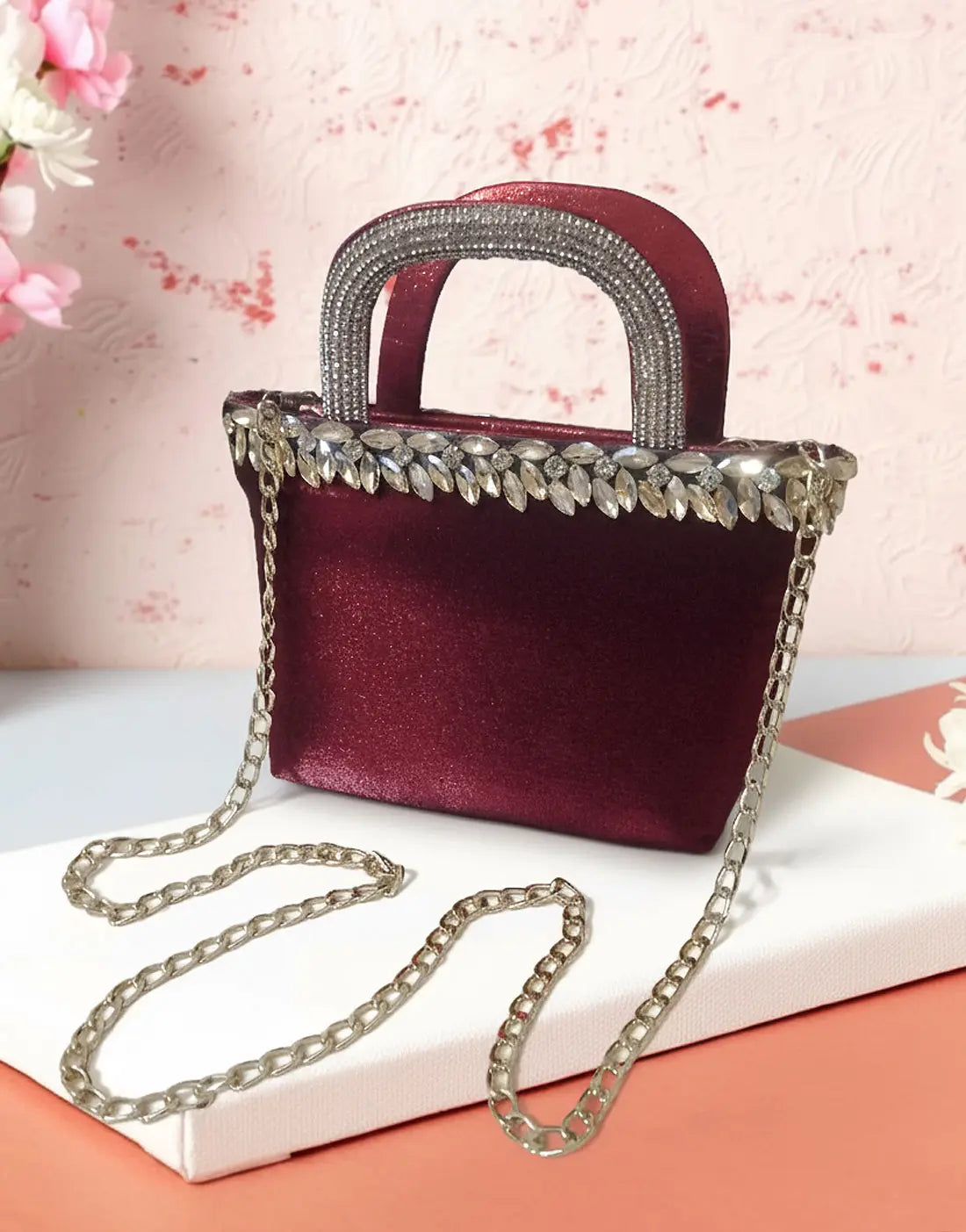 Maroon Glam Shine Mini Tote Bag with Sparkle Handle and Studs