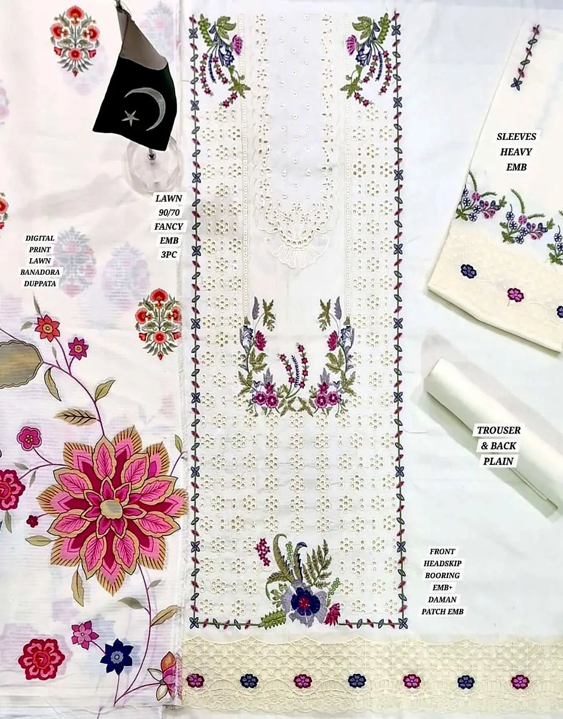 Heavy Schiffli Embroidered EID Lawn Suit with Digital Print Banadora Dupatta