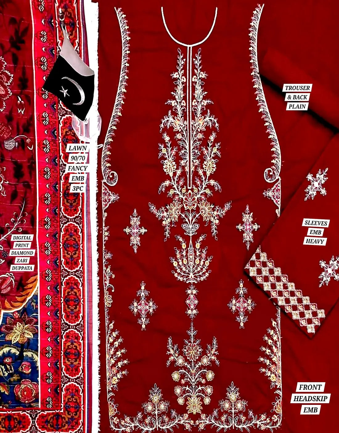 Heavy Embroidered EID Lawn Dress with Digital Print Diamond Zari Dupatta