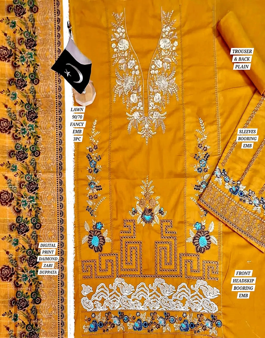 Heavy Embroidered EID Lawn Suit with Digital Print Diamond Zari Dupatta