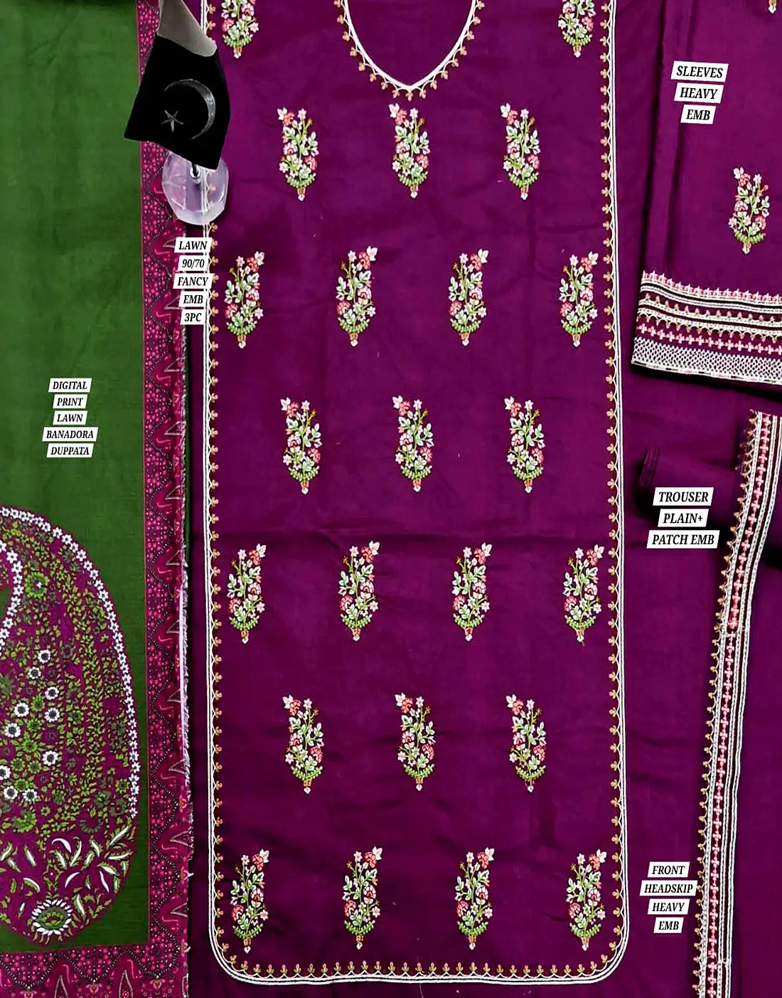 Elegant Embroidered EID Lawn Dress with Digital Print Banadora Dupatta