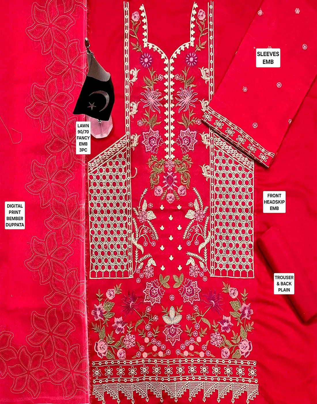 Heavy Embroidered EID Lawn Dress with Digital Print Banadora Dupatta