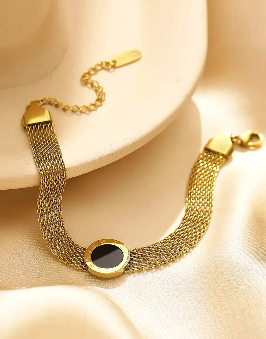 Trendy Roman Numeral Mesh Chain Bracelet in Stainless Steel Finish