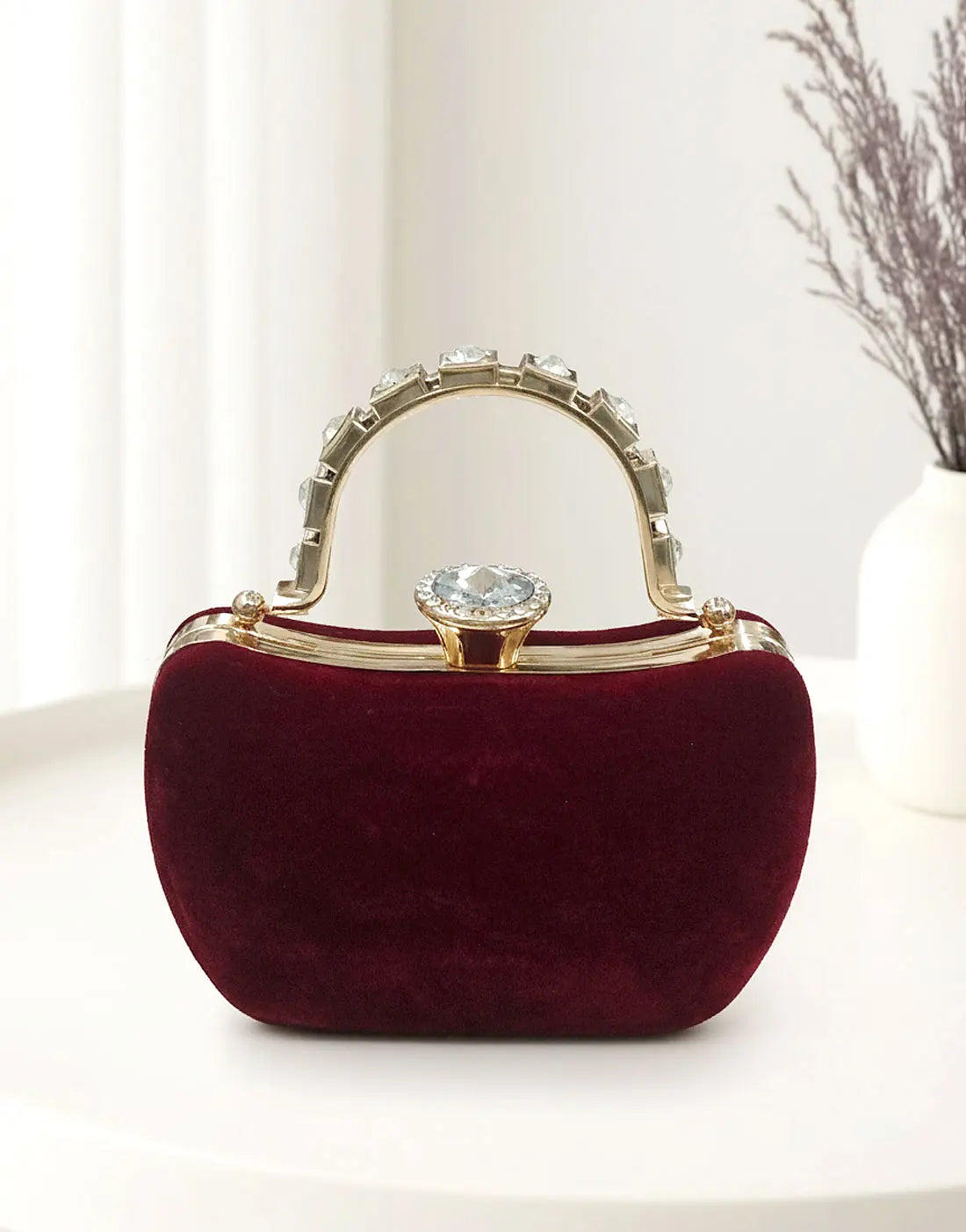 Luxury Maroon Velvet Bridal Clutch Purse with Stylish Hand Grip
