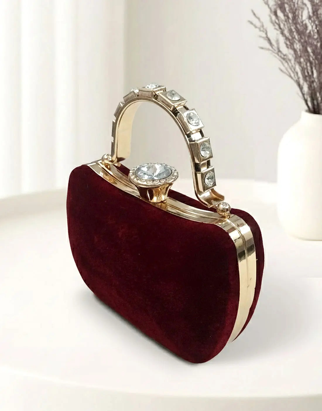Luxury Maroon Velvet Bridal Clutch Purse with Stylish Hand Grip