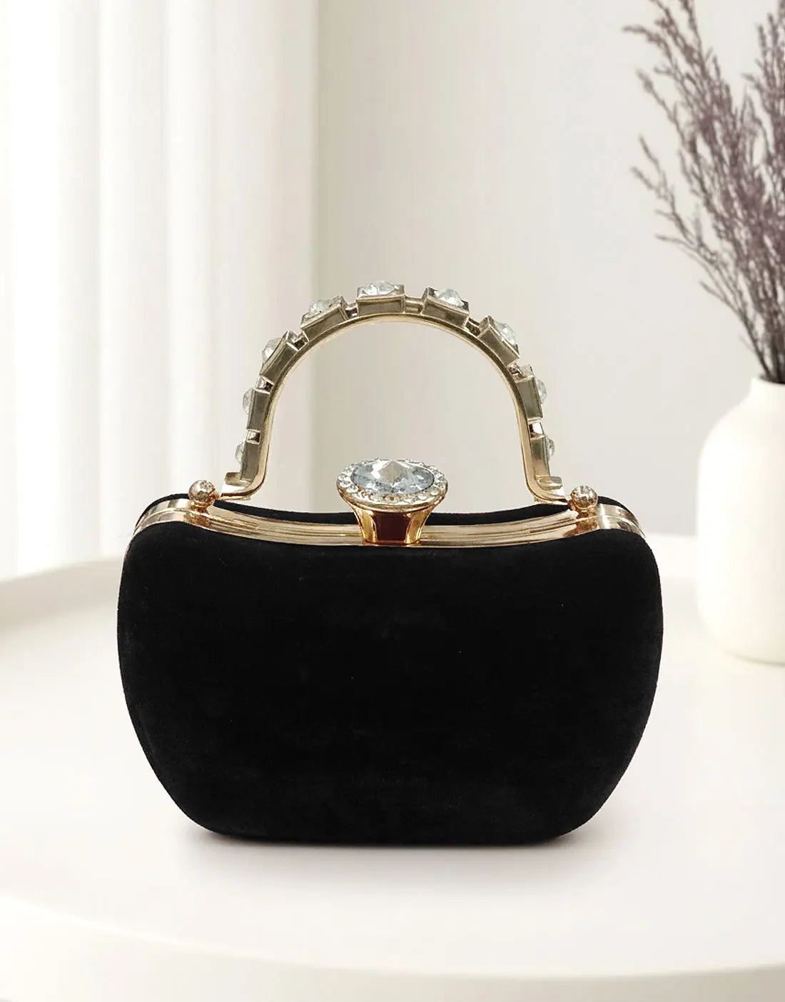 Luxury Black Velvet Bridal Clutch Purse with Stylish Hand Grip