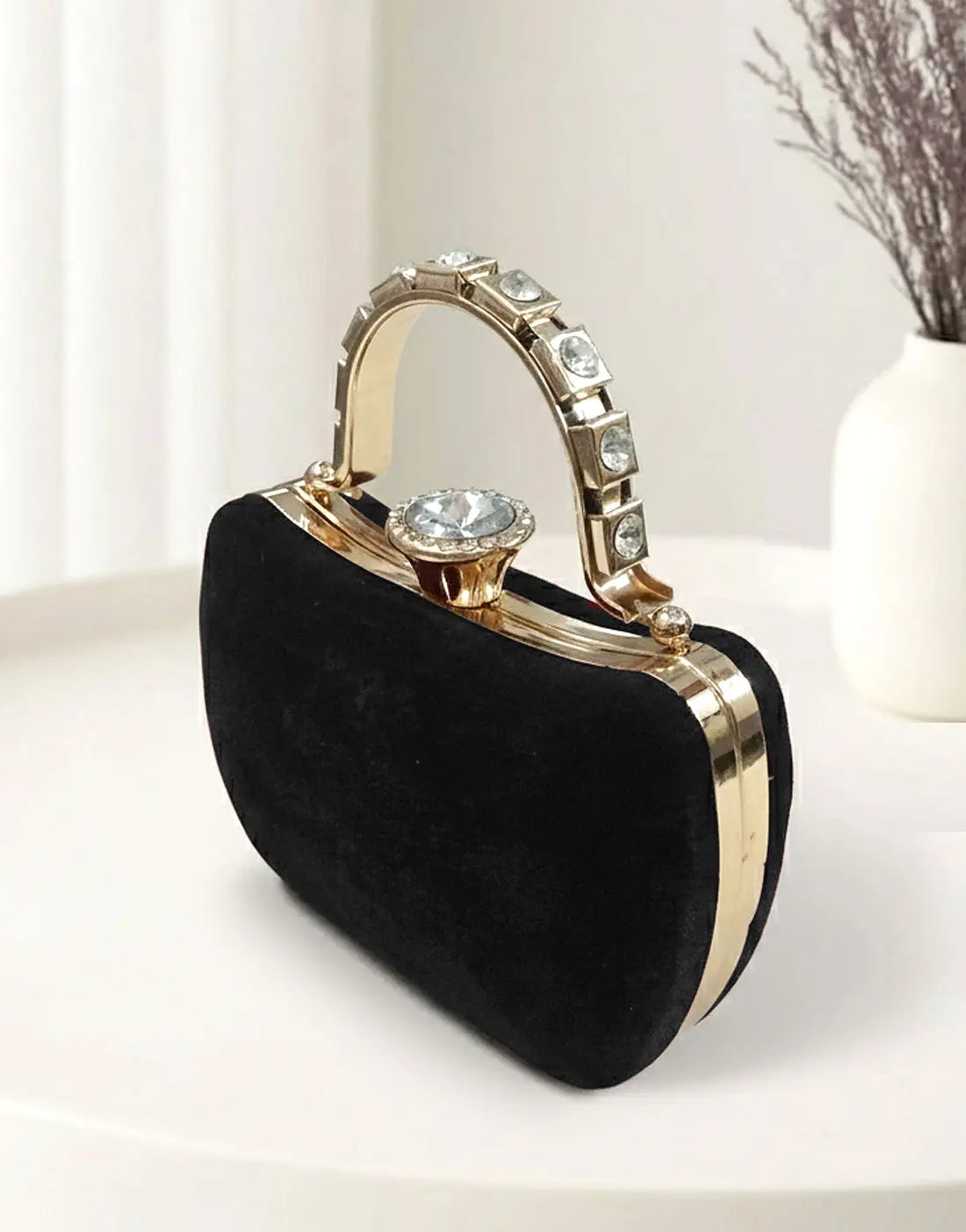 Luxury Black Velvet Bridal Clutch Purse with Stylish Hand Grip