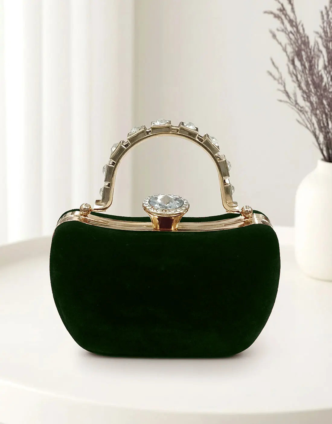 Luxury Bottle Green Velvet Bridal Clutch Purse with Stylish Hand Grip