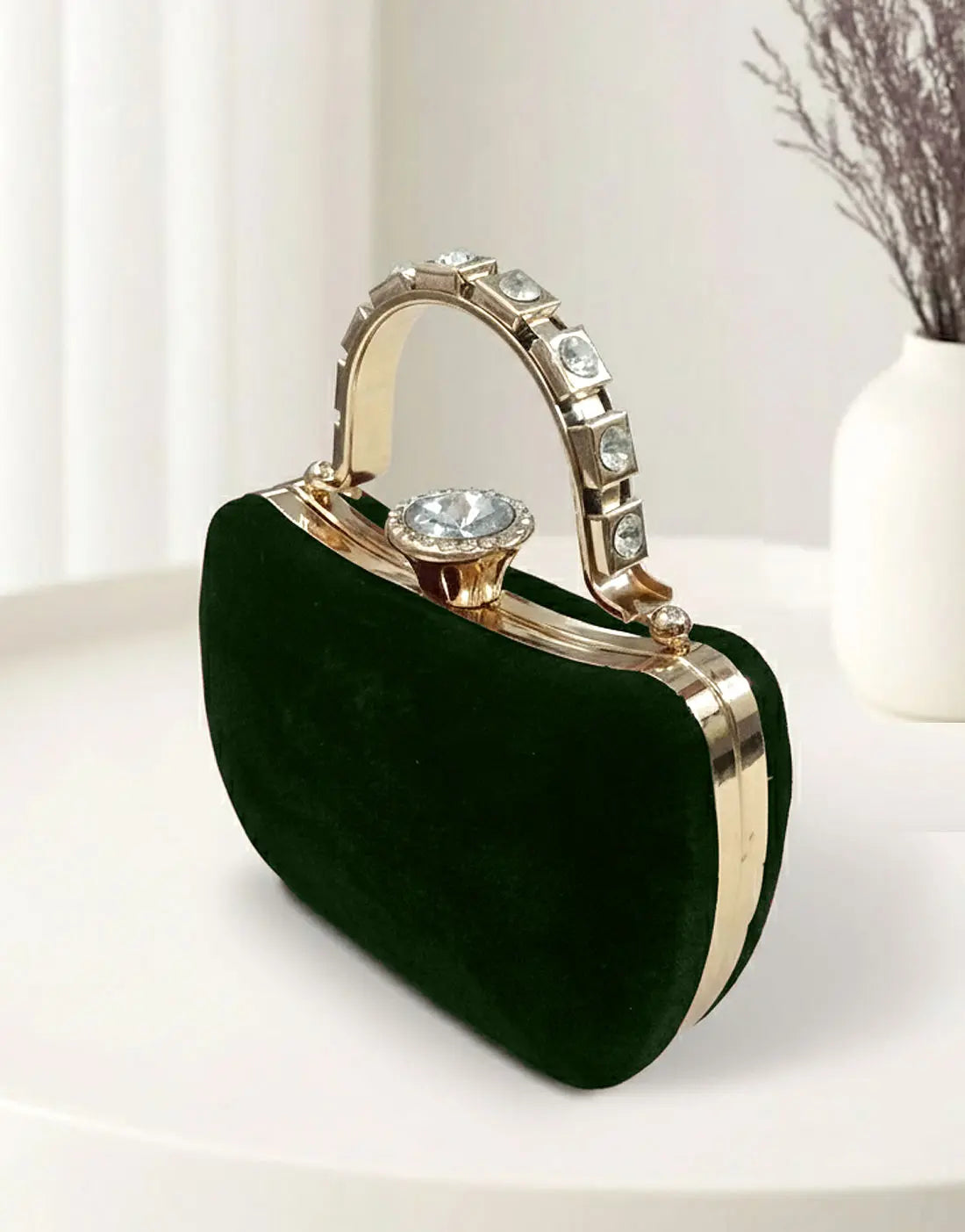 Luxury Bottle Green Velvet Bridal Clutch Purse with Stylish Hand Grip