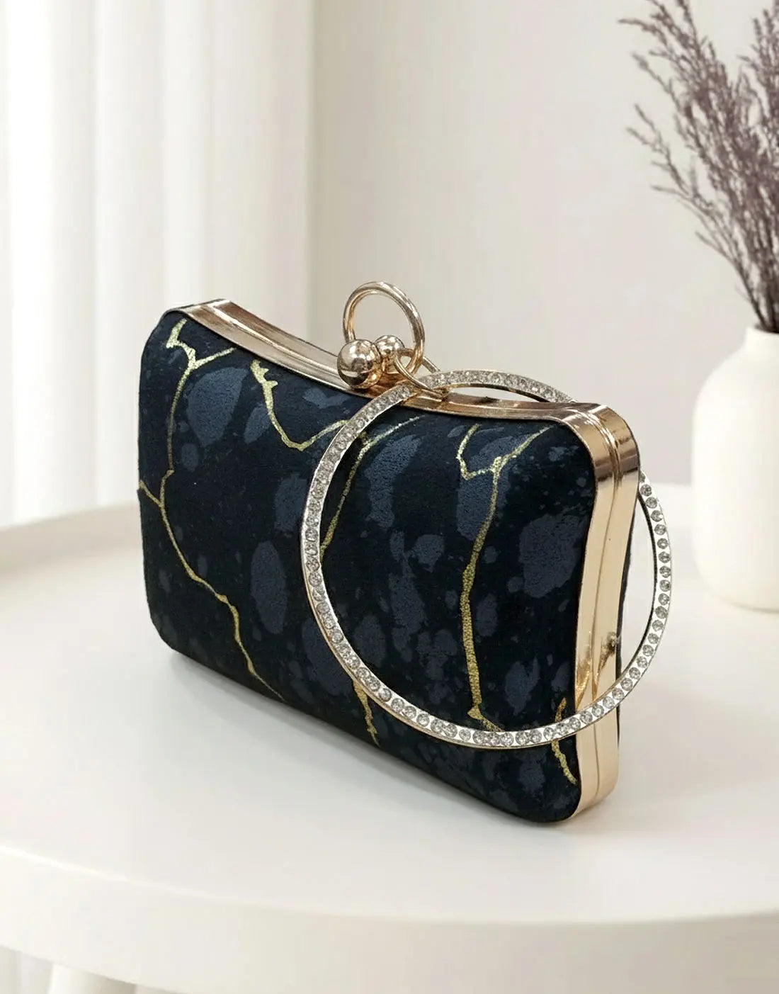 Trendy Textured Velvet Evening Clutch with Bangle Handle