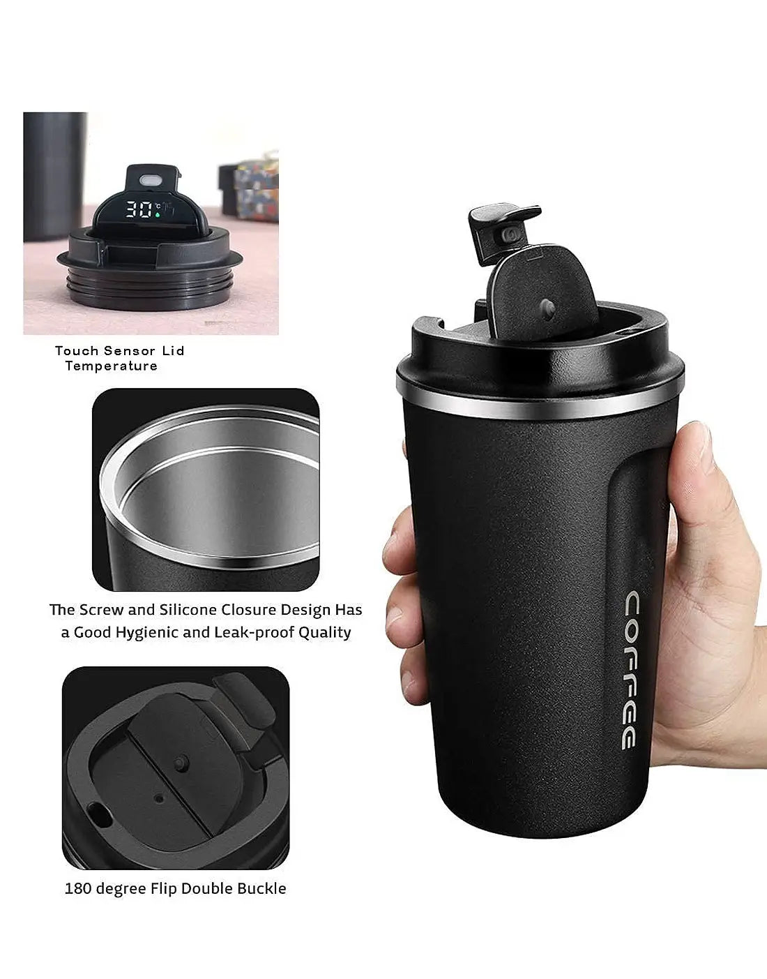 Stainless Steel Vacuum Coffee Mug with Temperature Display - 510ml