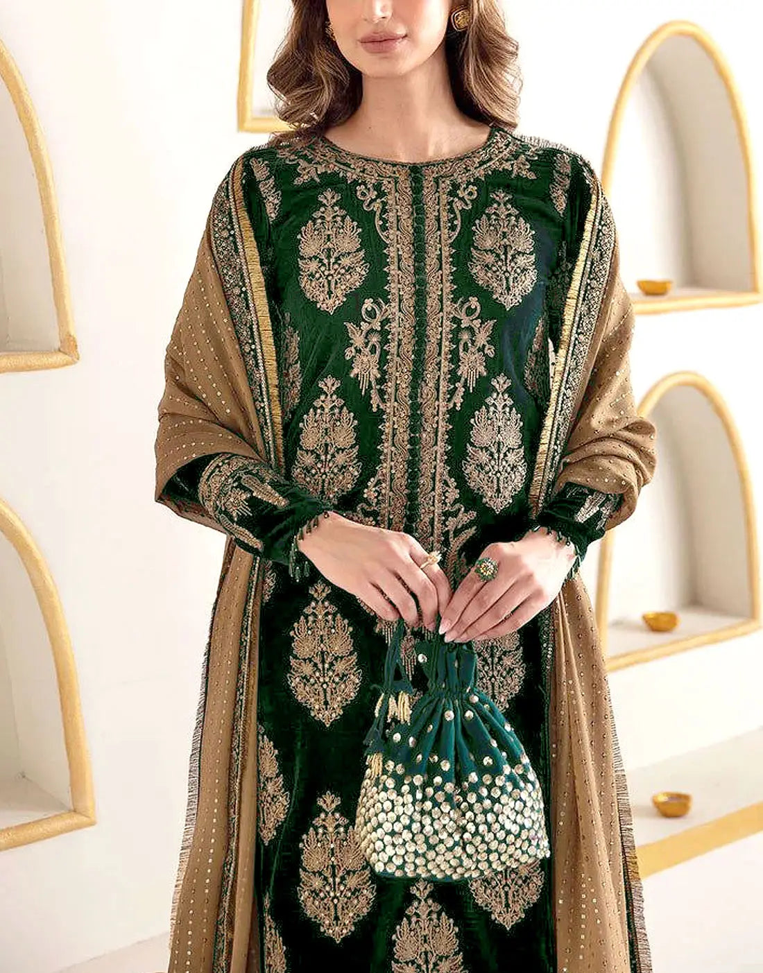 Royal Heavy Embroidered Bottle Green Velvet Dress for Party Wear & Weddings