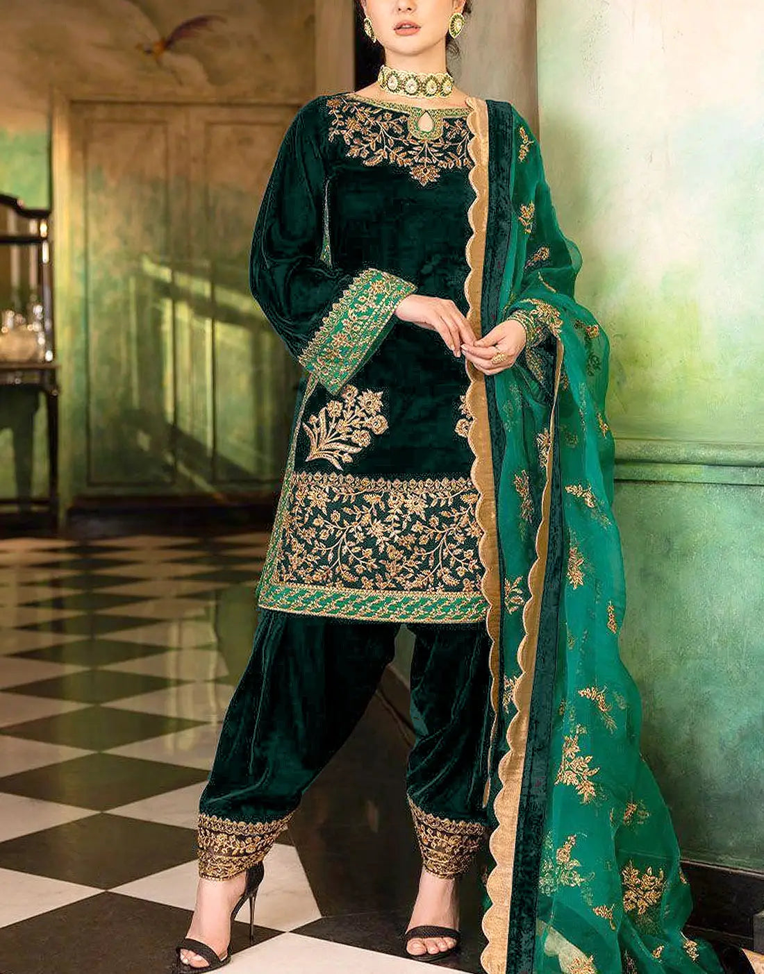 Luxury Embroidered Bottle Green Velvet Dress for Party Wear & Weddings