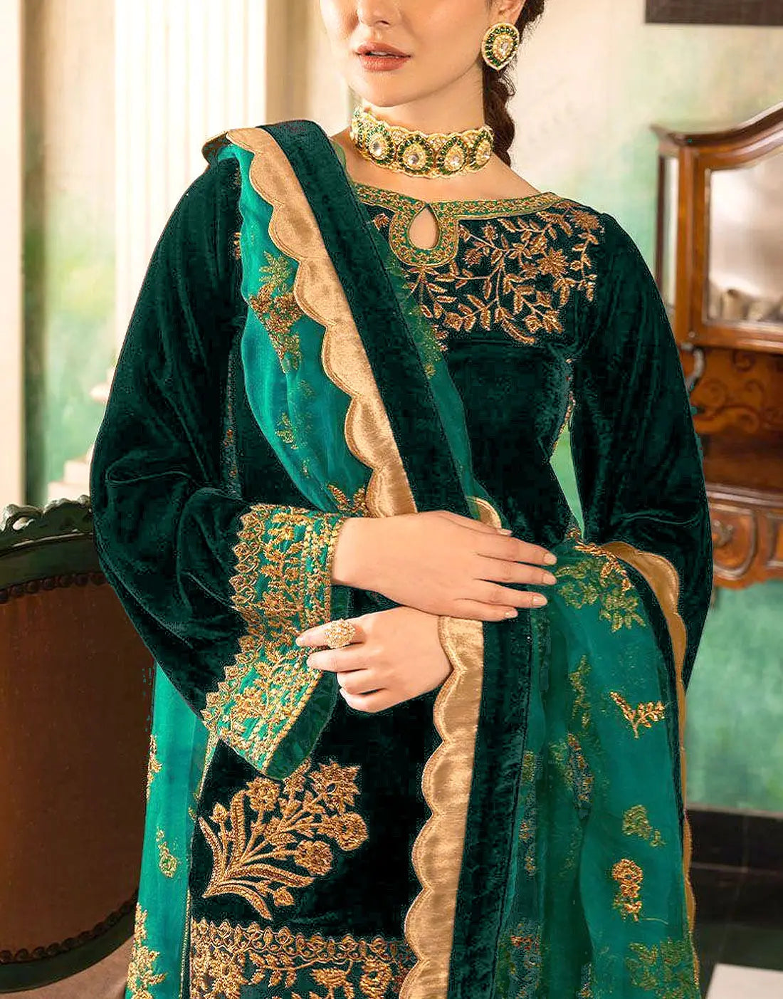 Luxury Embroidered Bottle Green Velvet Dress for Party Wear & Weddings