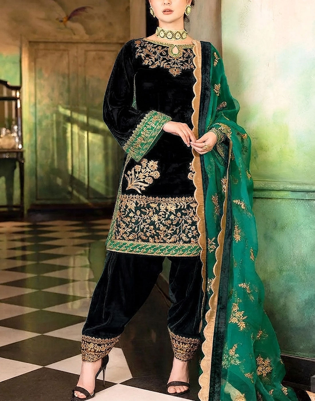 Luxury Embroidered Velvet Dress for Weddings & Party Wear