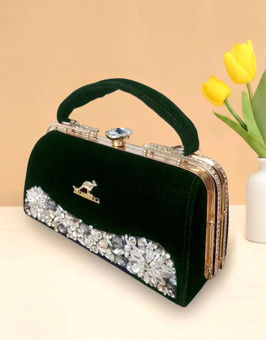 Luxe Bottle Green Velvet Evening Handbag for Women