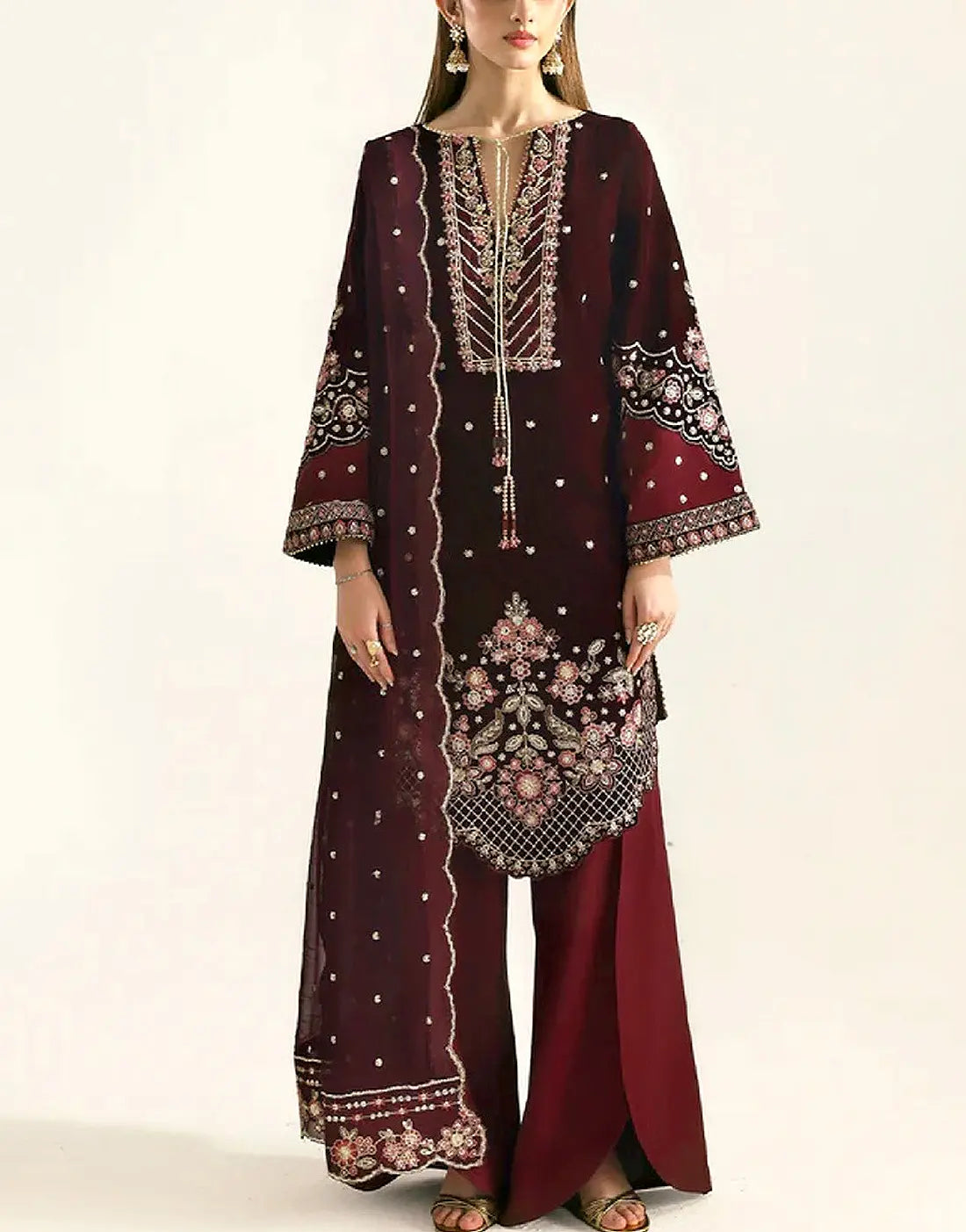 Luxury Embroidered Maroon Velvet Wedding Dress with Heavy Daman Cutwork