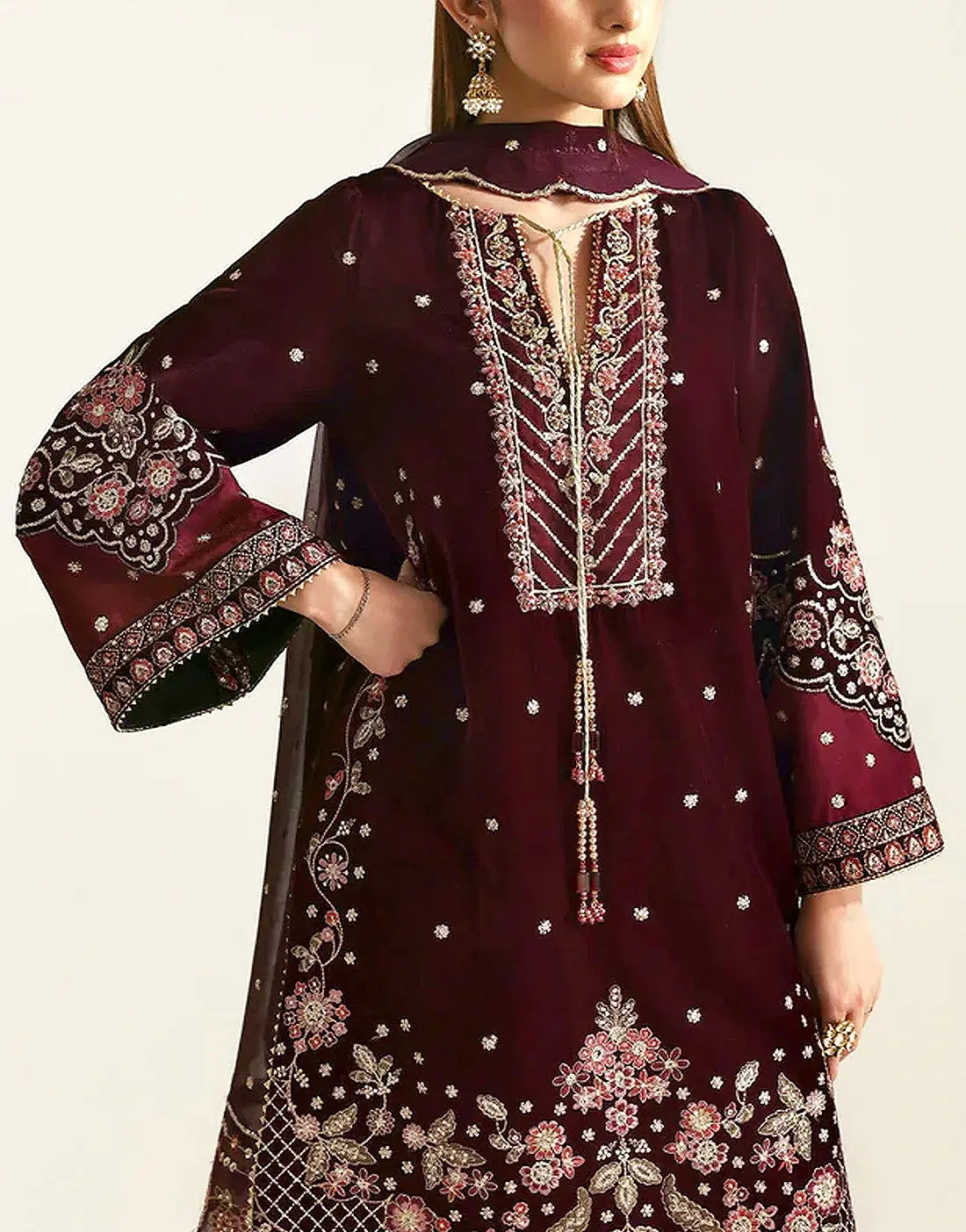 Luxury Embroidered Maroon Velvet Wedding Dress with Heavy Daman Cutwork